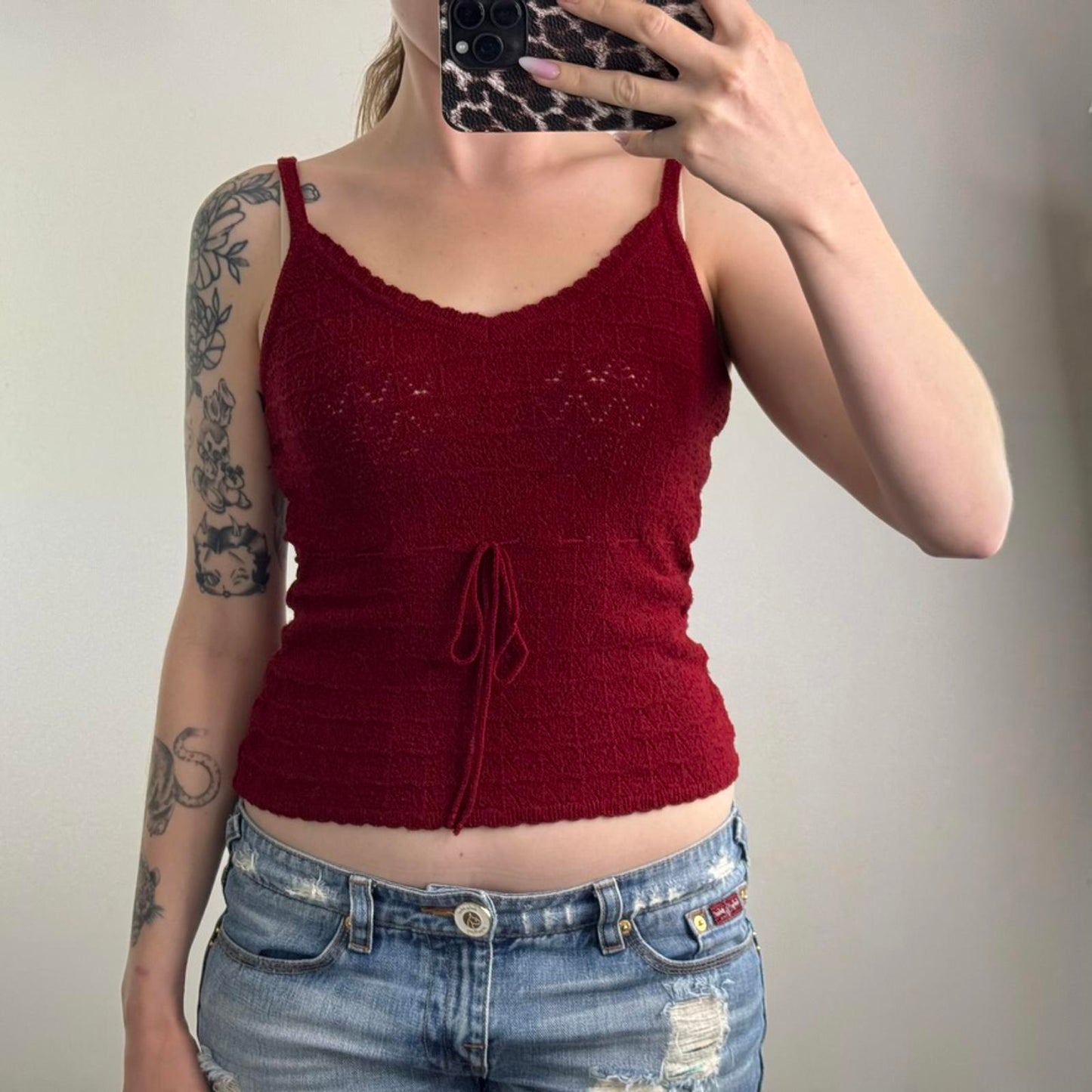 Y2K vintage knitted cami tank top red bow slight crop short length stretchy red