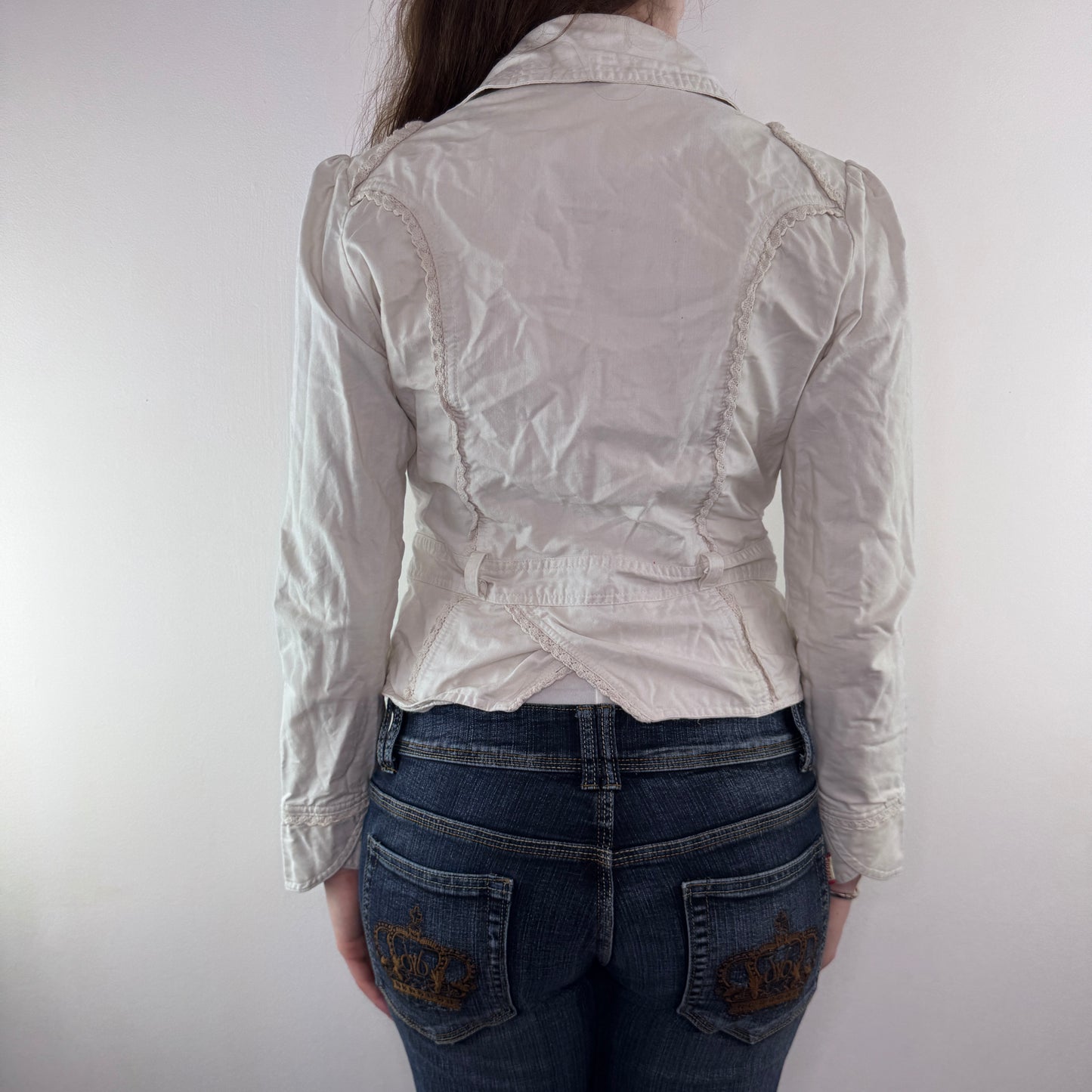 Y2K vintage fitted denim blazer frill knit trims button up jacket