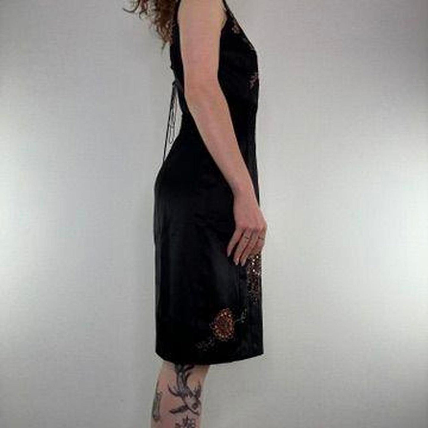 Y2K vintage satin style floral embroidered lace up midi dress fitted round neck