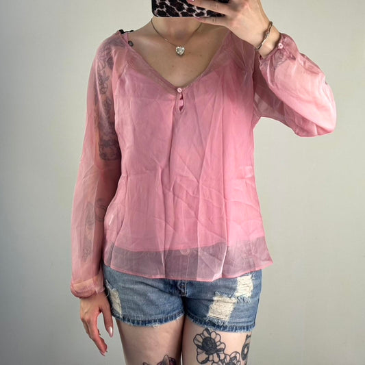 Y2K vintage sheer blouse long sleeve pink keyhole with cami v neck