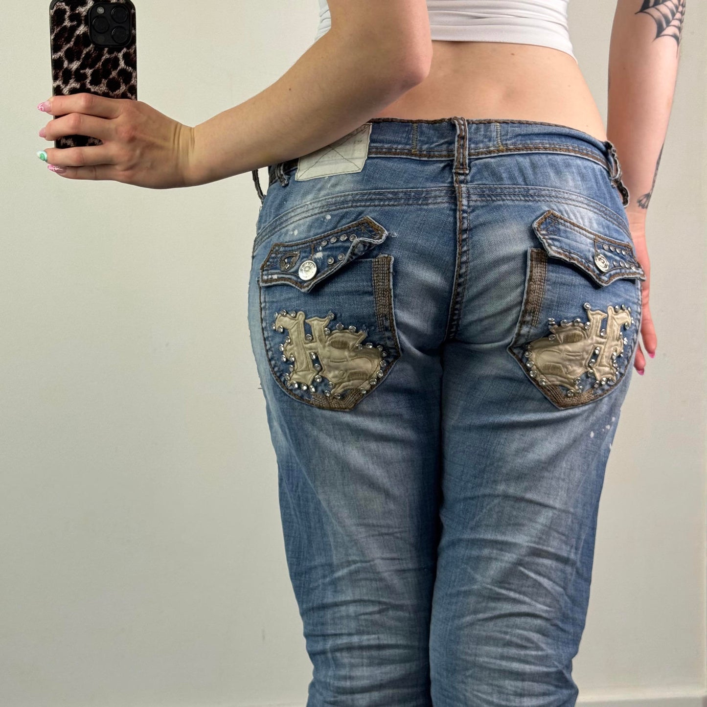 Y2K vintage low rise slim straight leg bootcut jeans faded denim rhinestones