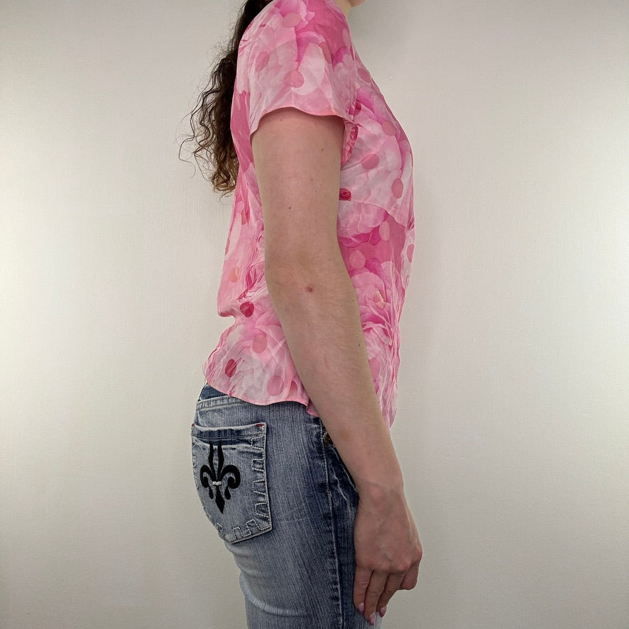 Y2K vintage silk top spotty floral rose open front scoop front cover up floaty