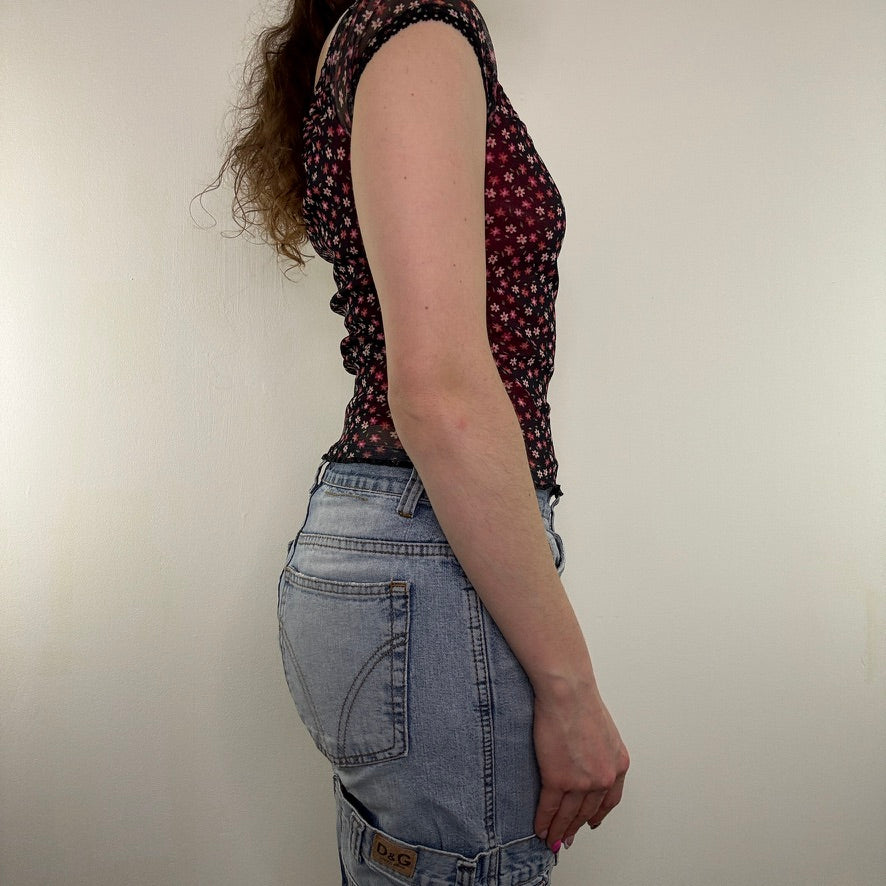 Y2K vintage milkmaid top mesh ditsy floral cap sleeve fitted