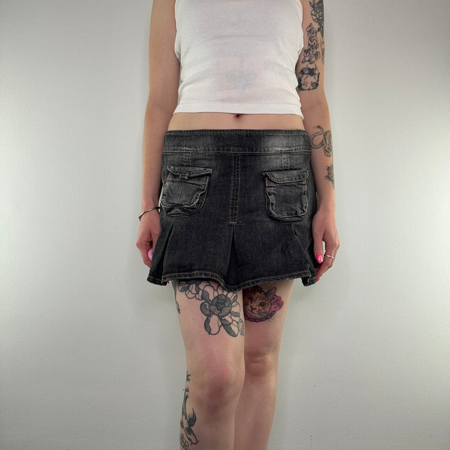 Y2K faded denim cargo pleated mini skirt