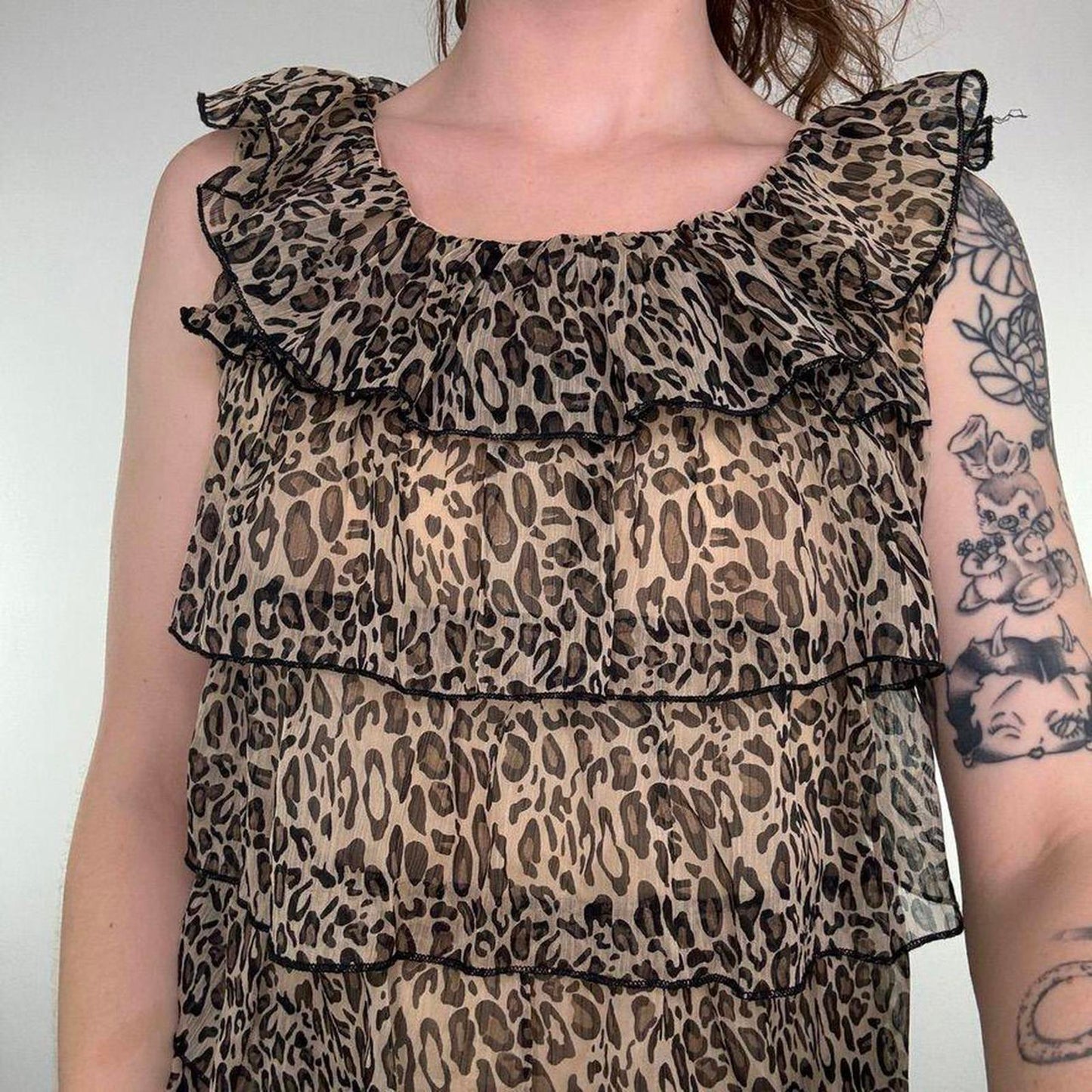 Y2K vintage leopard print frilly tiered mini dress ruffle round neck sleeveless