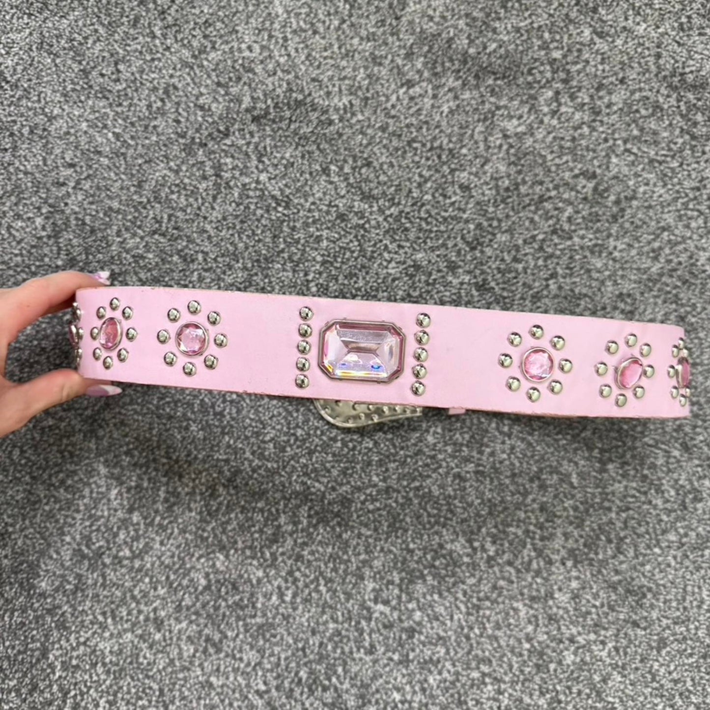 Y2K vintage faux leather chunky belt mcbling rhinestone studded baby pink silver