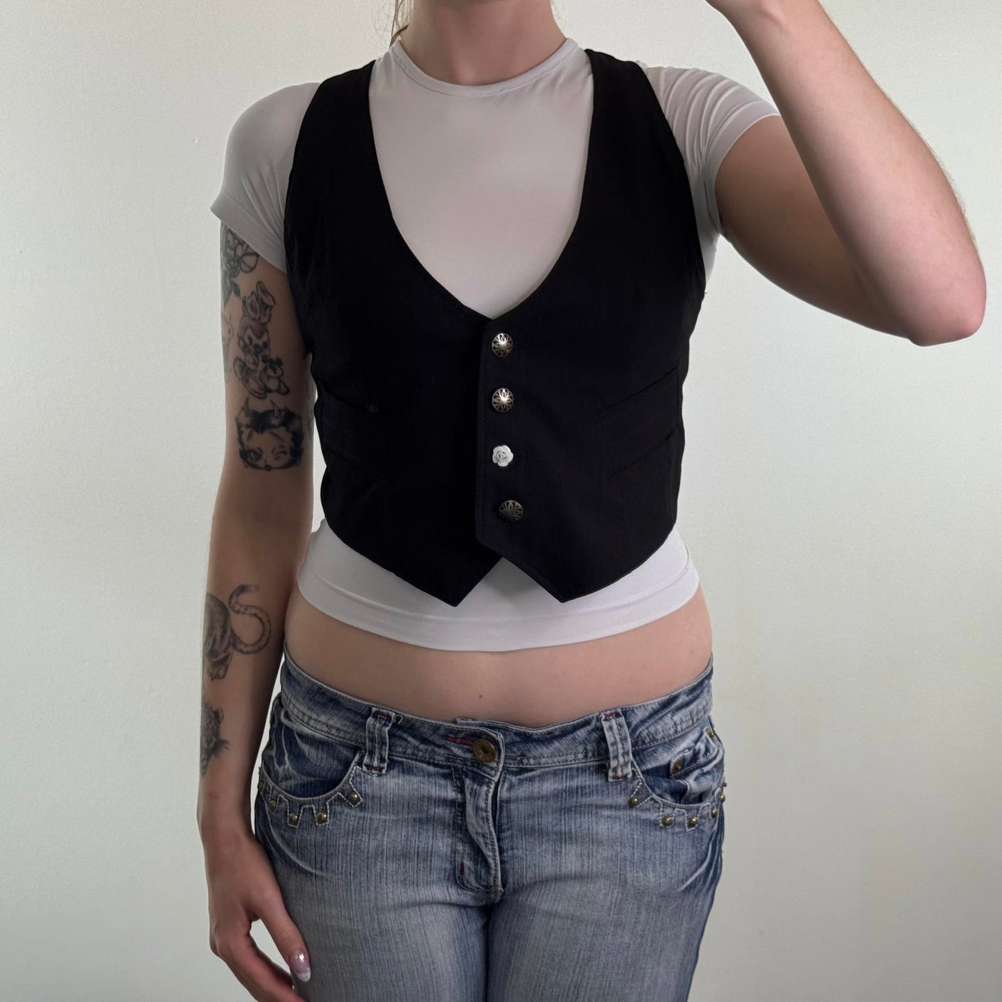 Y2K vintage waistcoat top striped low cut bust v neck buttons flower cropped