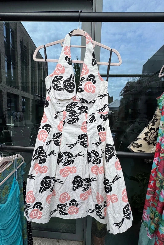 Vintage 2000s halter neck dress midi floral a line mesh netting