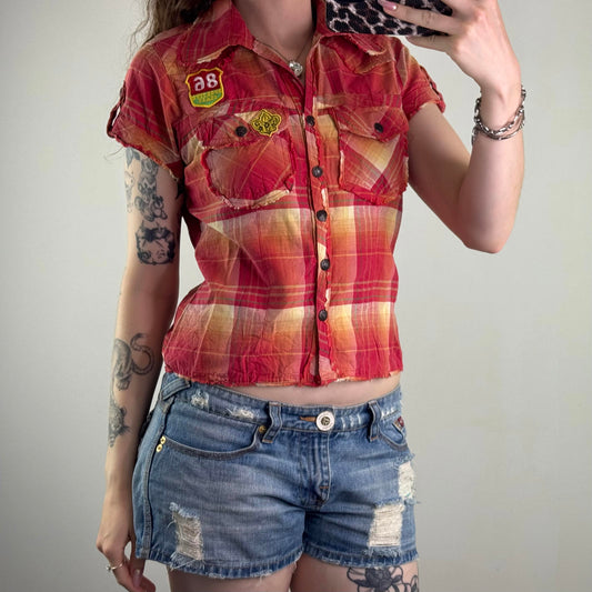 Y2K vintage check print tartan shirt short sleeve popper button up red yellow