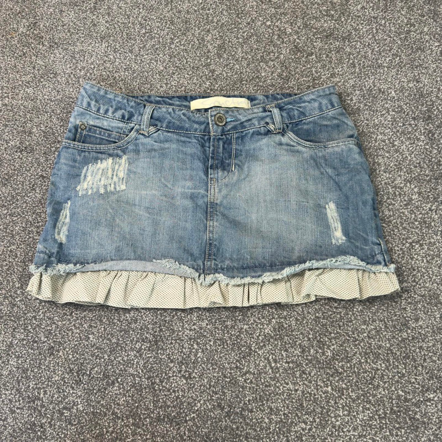 Y2K vintage polka dot hem distressed denim mini skirt coquette summer mid rise