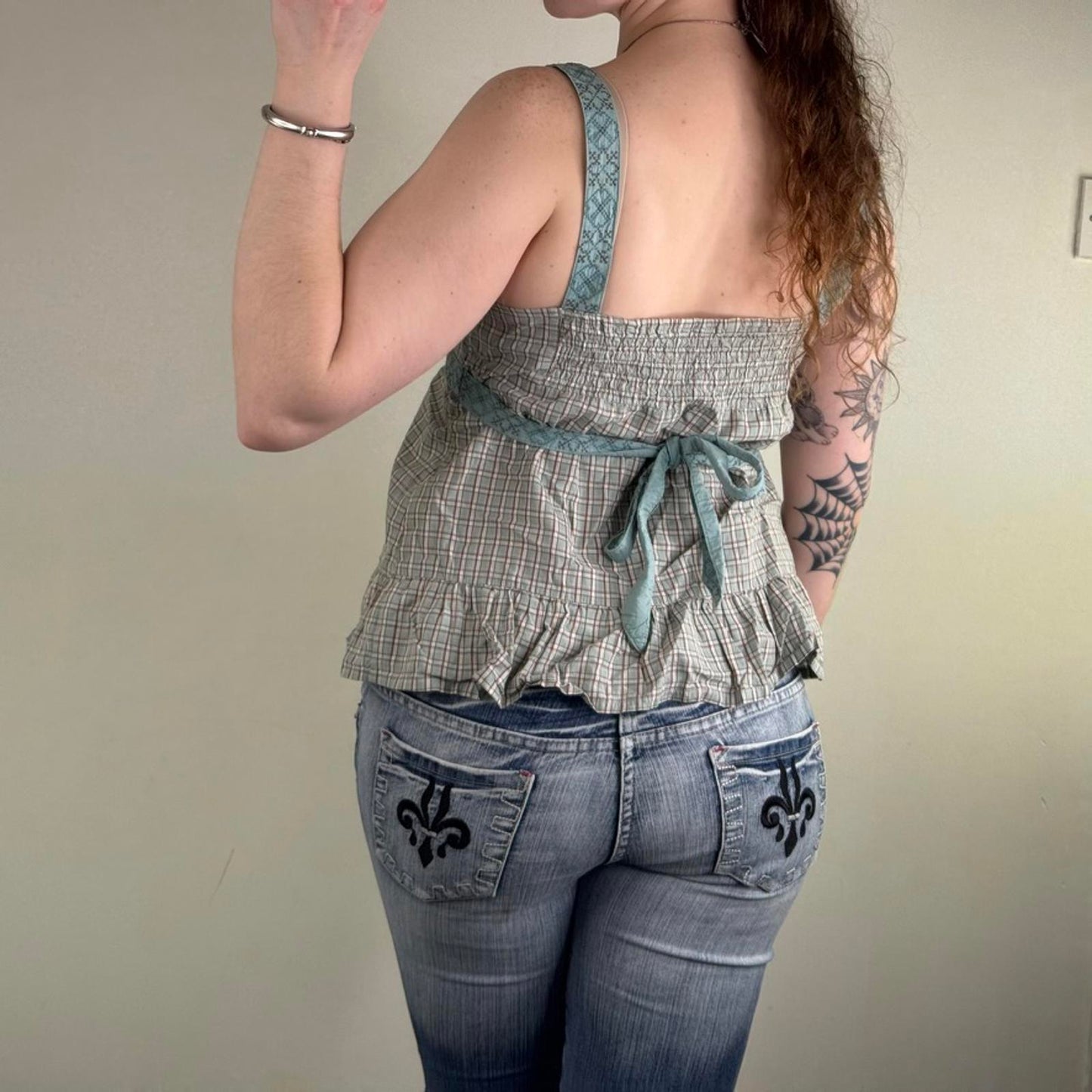 Y2K vintage tank top tartan plaid tie bow frilly button coquette light blue