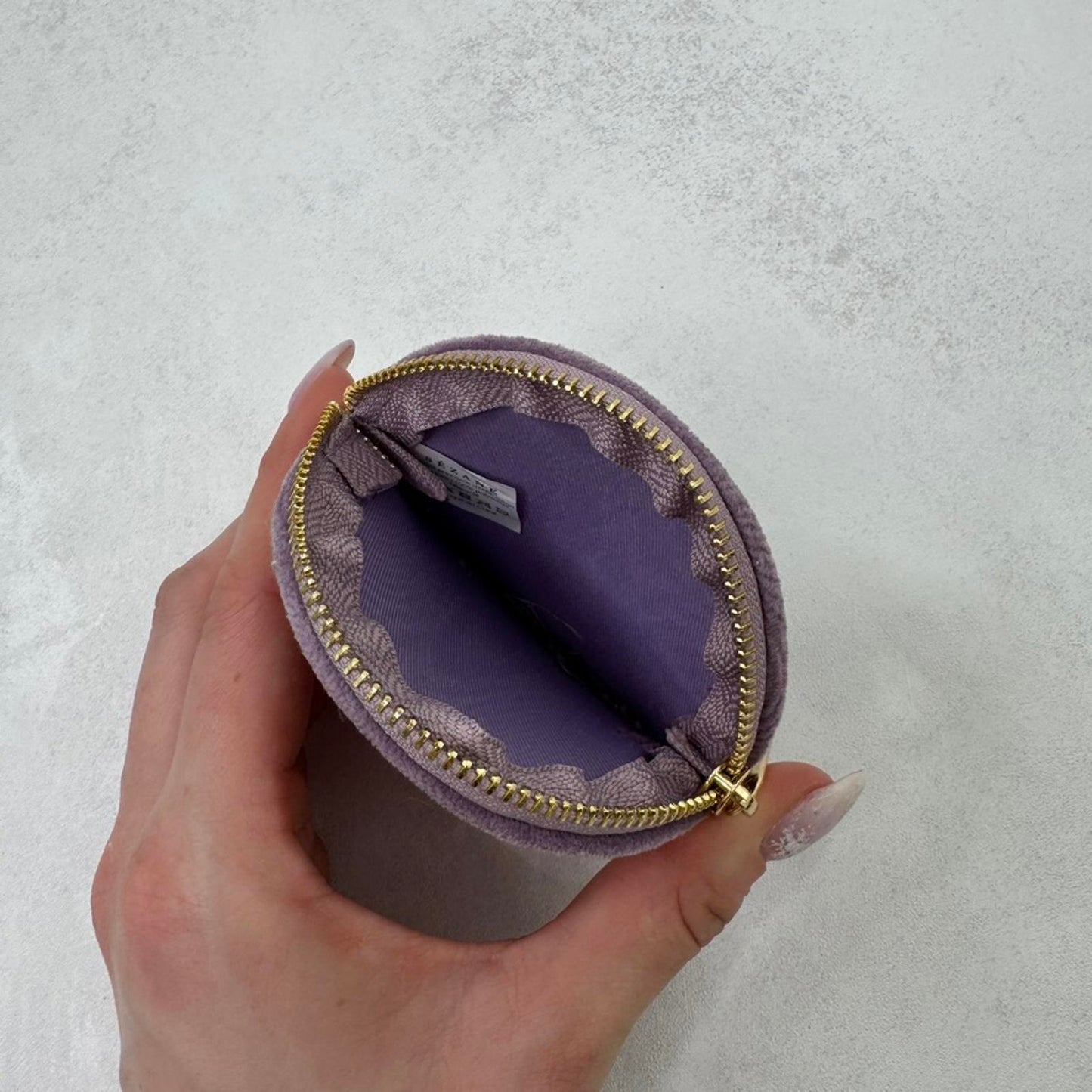 Sézane circular coin purse velour lilac purple gold