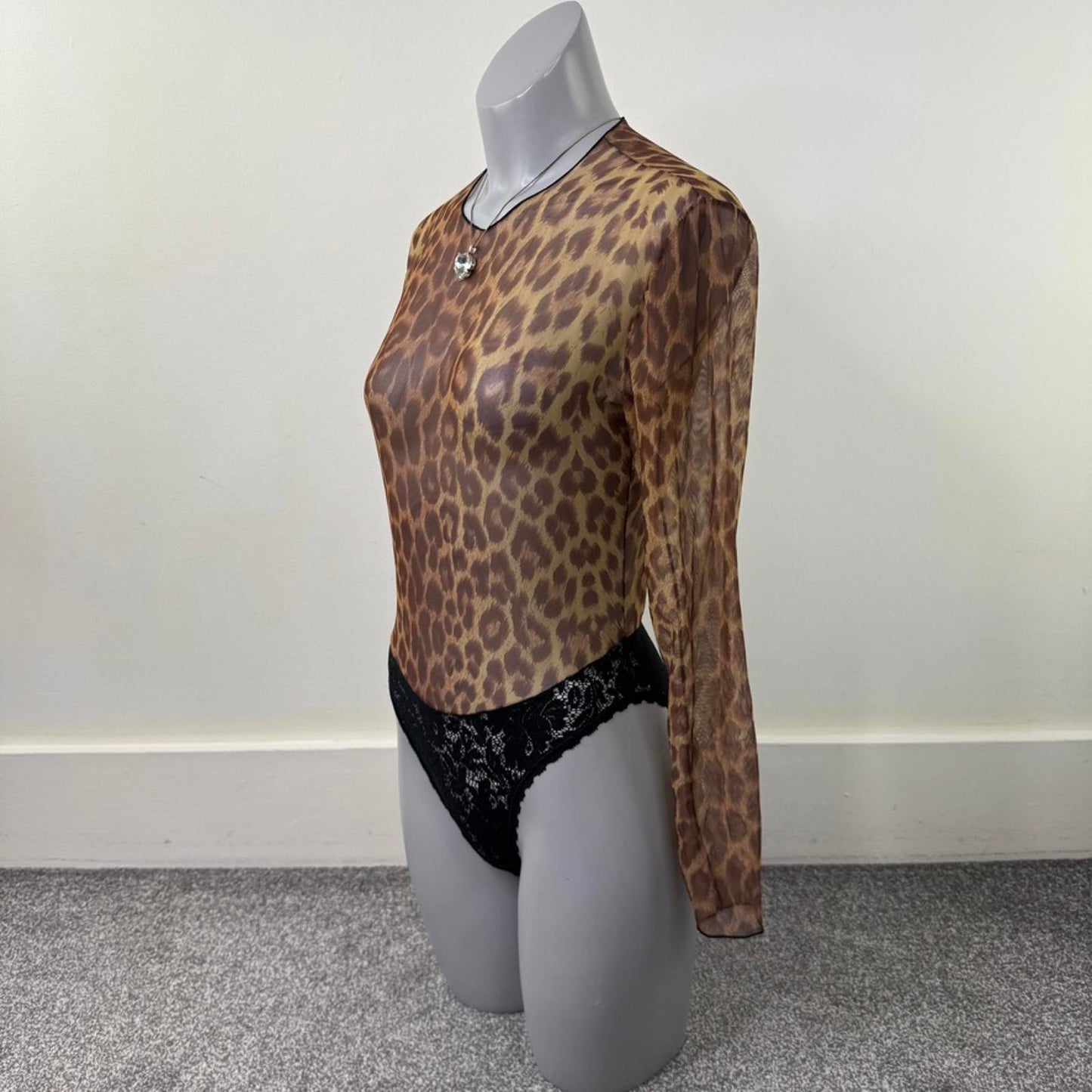 80s vintage Guy Laroche long sleeve bodysuit mesh lace leopard print sheer