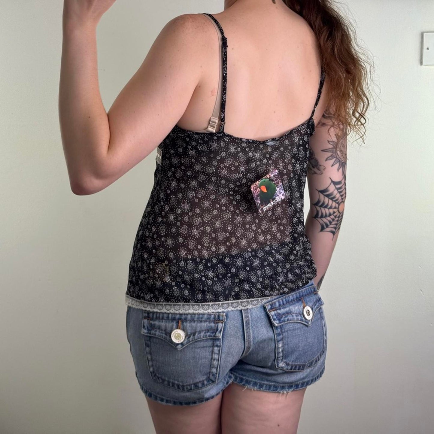 Y2K vintage sheer ditsy floral cami top lace trim black white baby pink strappy