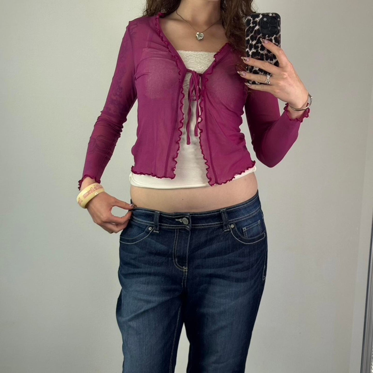 Y2K vintage Bay pink mesh long sleeve cardigan tie bow front lettuce hem cropped