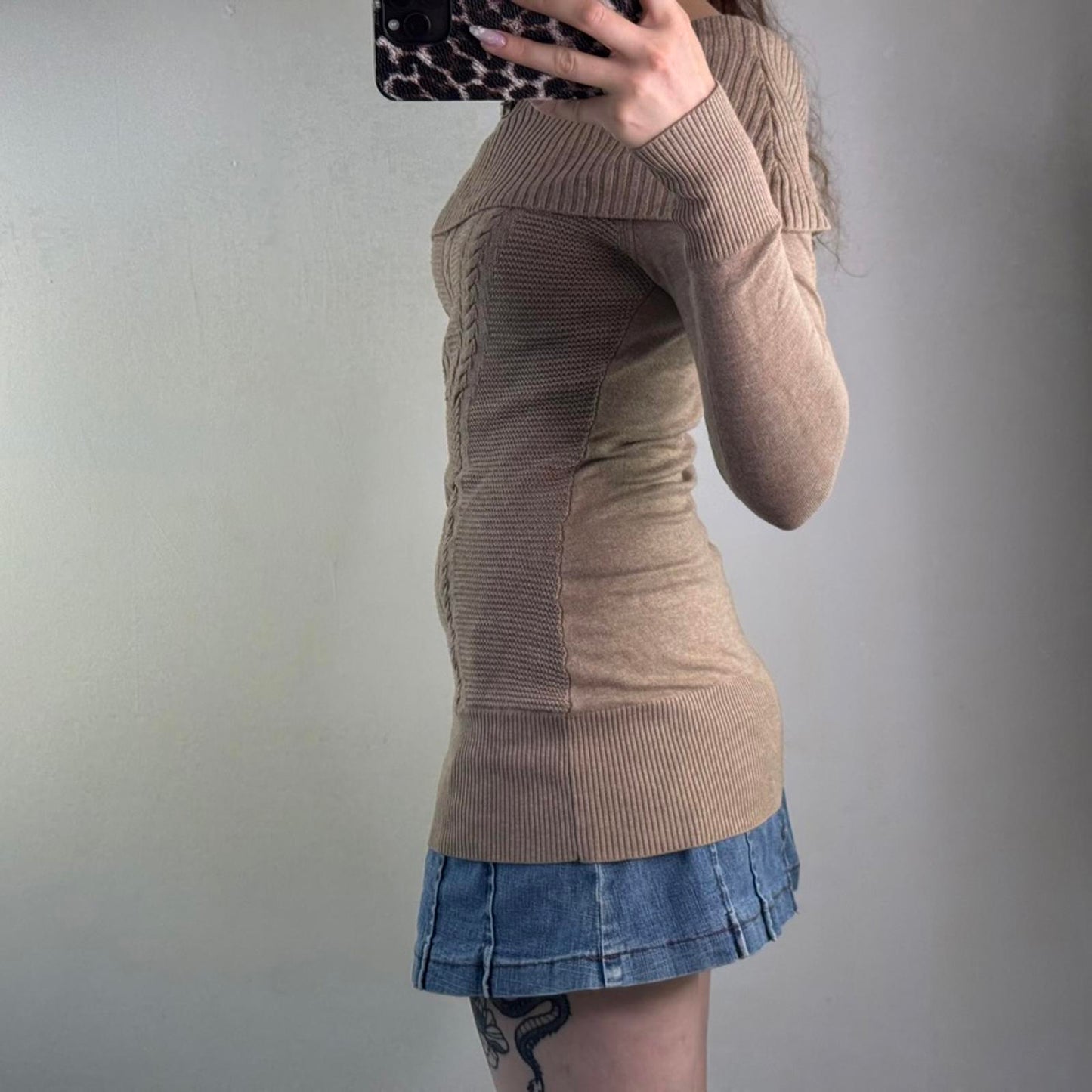 Vintage Jane Norman off the shoulder bardot fine knit jumper buckles cable beige