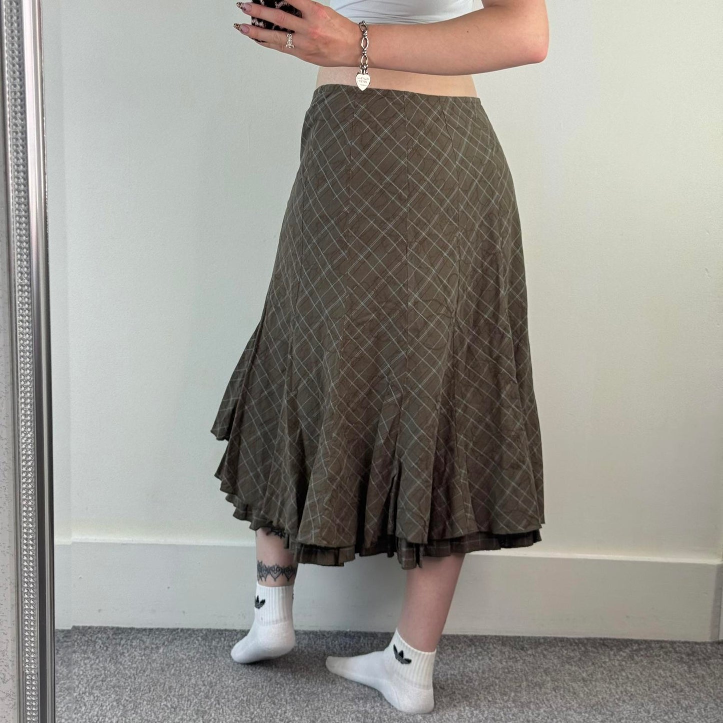 Y2K vintage tartan floral embroidered maxi skirt a line flowy fit double hemline