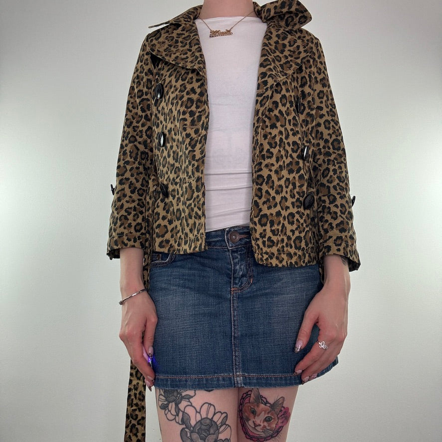 Leopard print button up belt short trench coat jacket