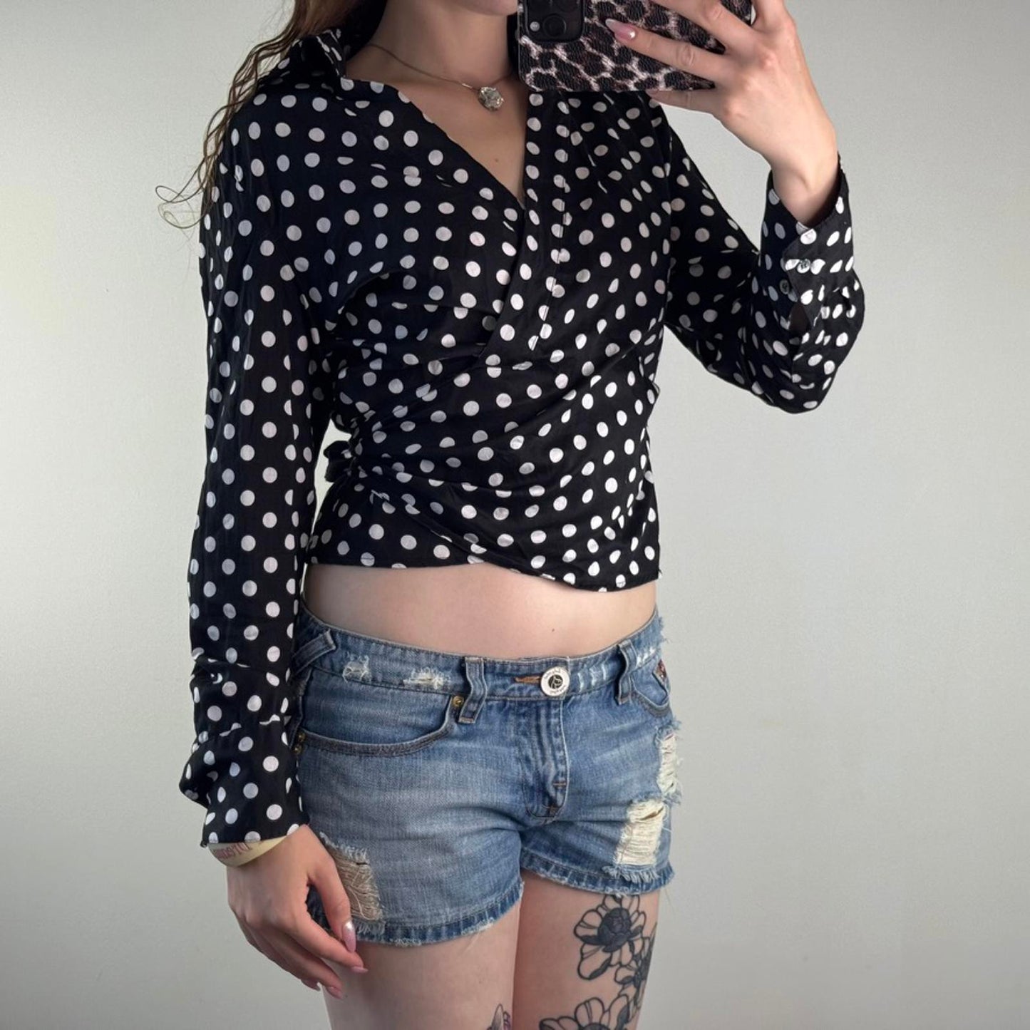 Y2K vintage polka dot wrap around long sleeve shirt v neck bow spotty