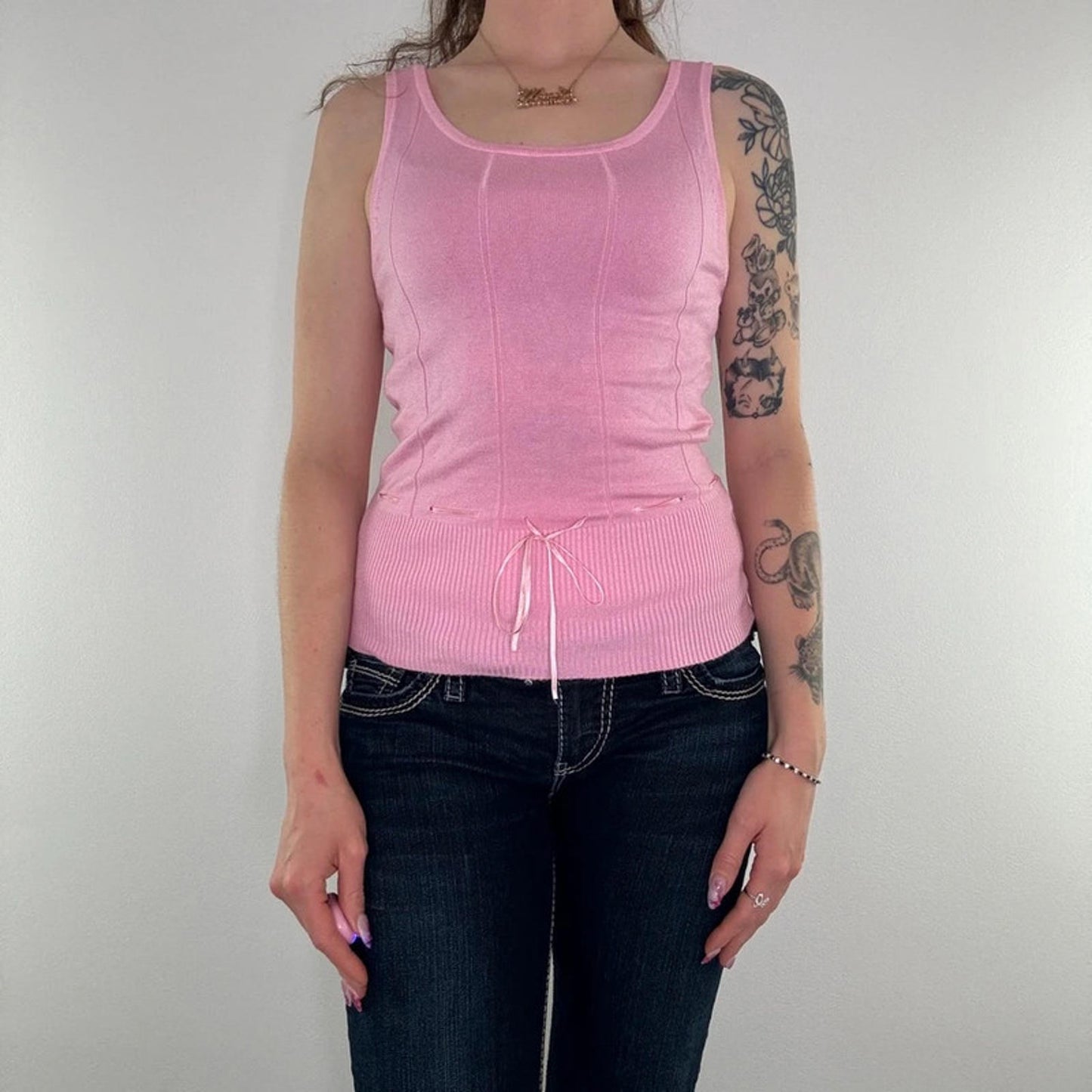 Y2K vintage fine knit bow tank top round neck stretchy fitted stripe baby pink