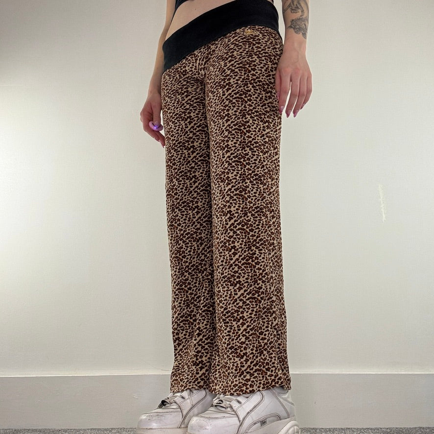 Y2K vintage leopard print velour fold over waistband flare trousers