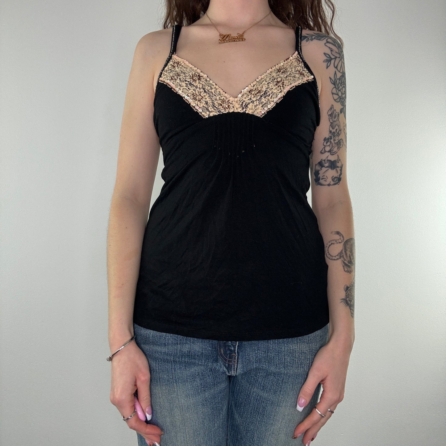 Y2K lace trim sequin cami top