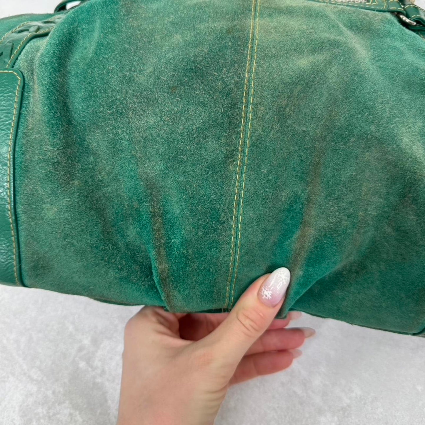 Y2K vintage genuine suede shoulder bag slouchy zipper green silver medium