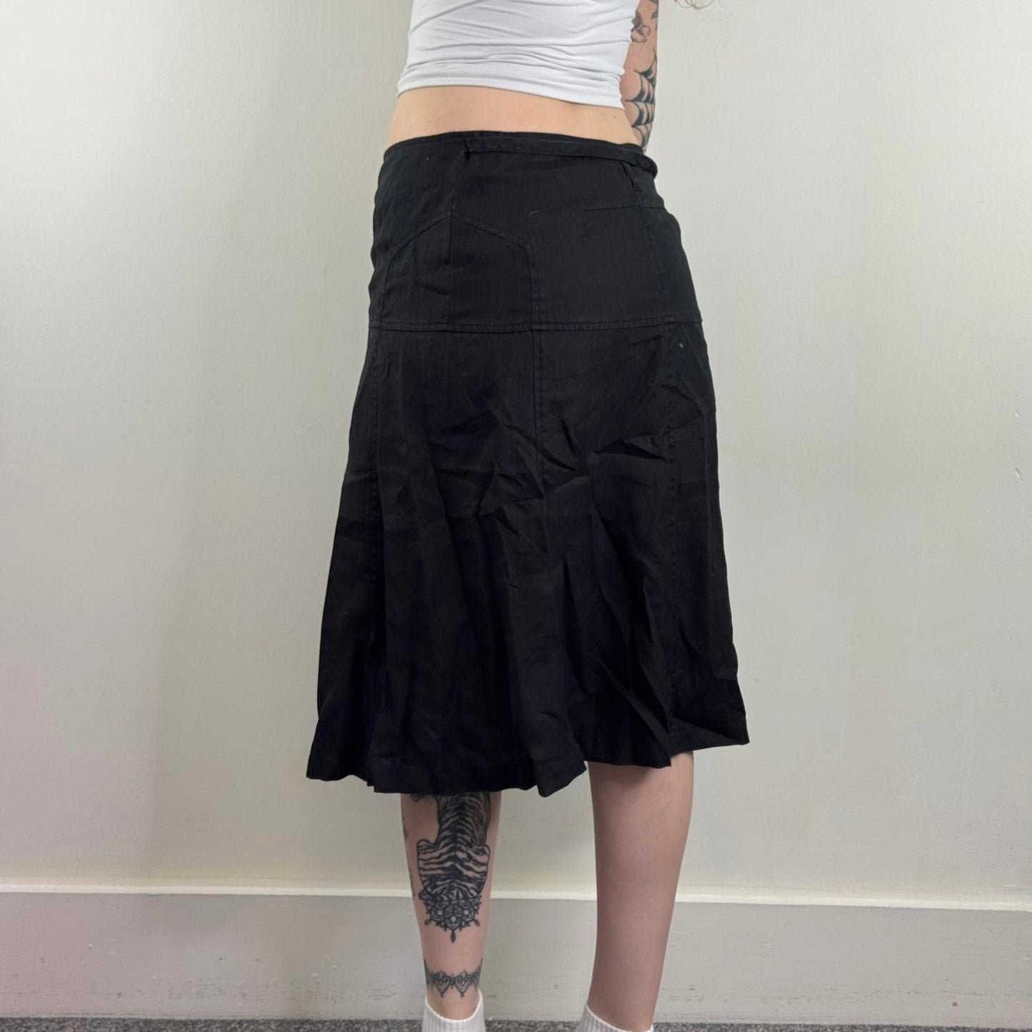 Y2K vintage 100% linen midi skirt wrap around knee length a line fit bow belt
