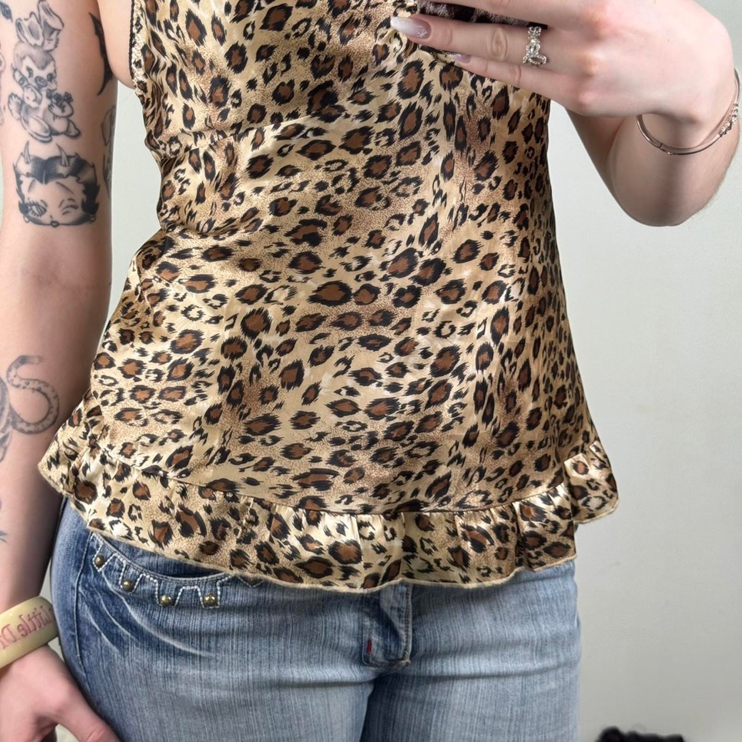 Y2K vintage cami top leopard print satin bow ruffle hem lace trim