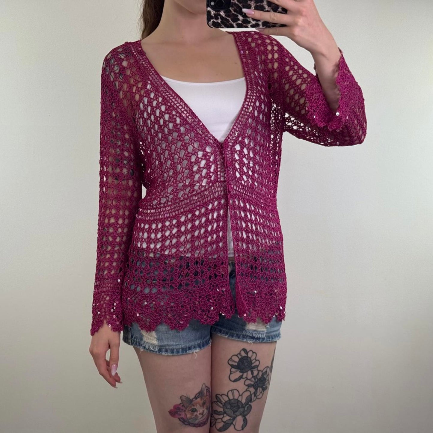 Y2K vintage crochet cardigan sequin button up scallop hem pink v neck knit sheer
