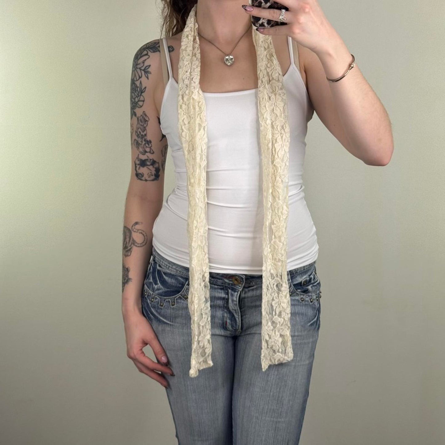 Y2K vintage lace scarf thin skinny cream coquette floral