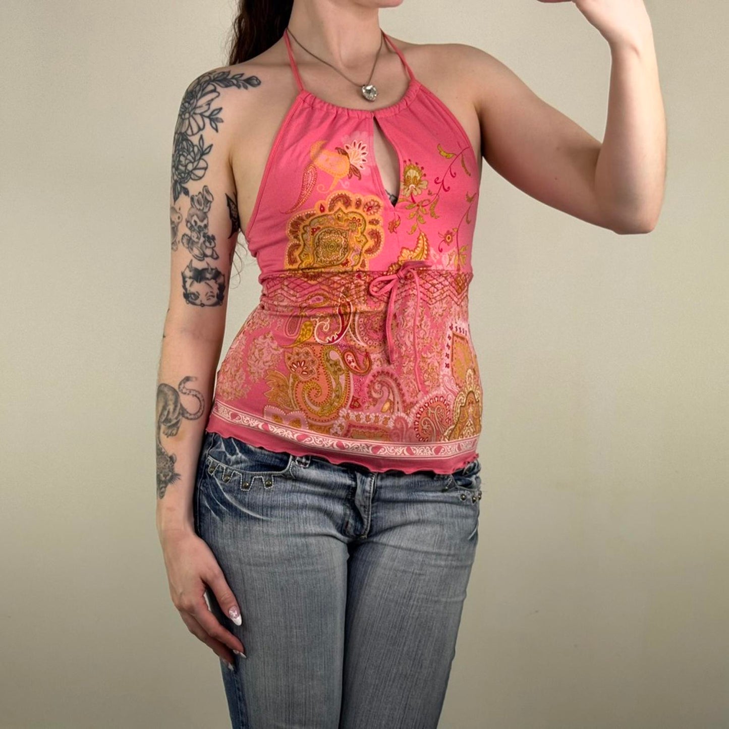Y2K vintage keyhole tank top halter neck bow paisley pattern bow sparkly