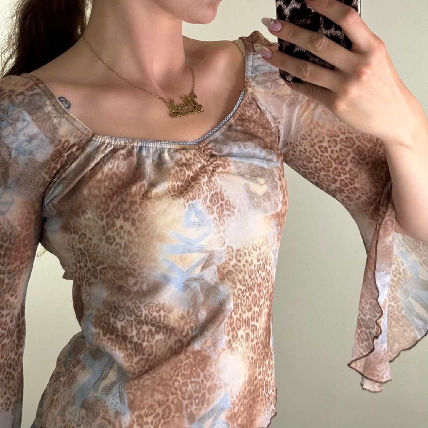 Y2K vintage mesh flare bell sleeve leopard print top ruched bust overlay