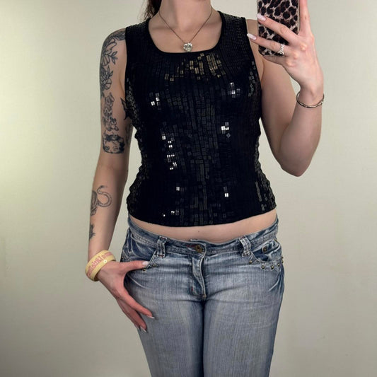 Y2K vintage sequin tank top round neck slight crop stretchy fitted black square
