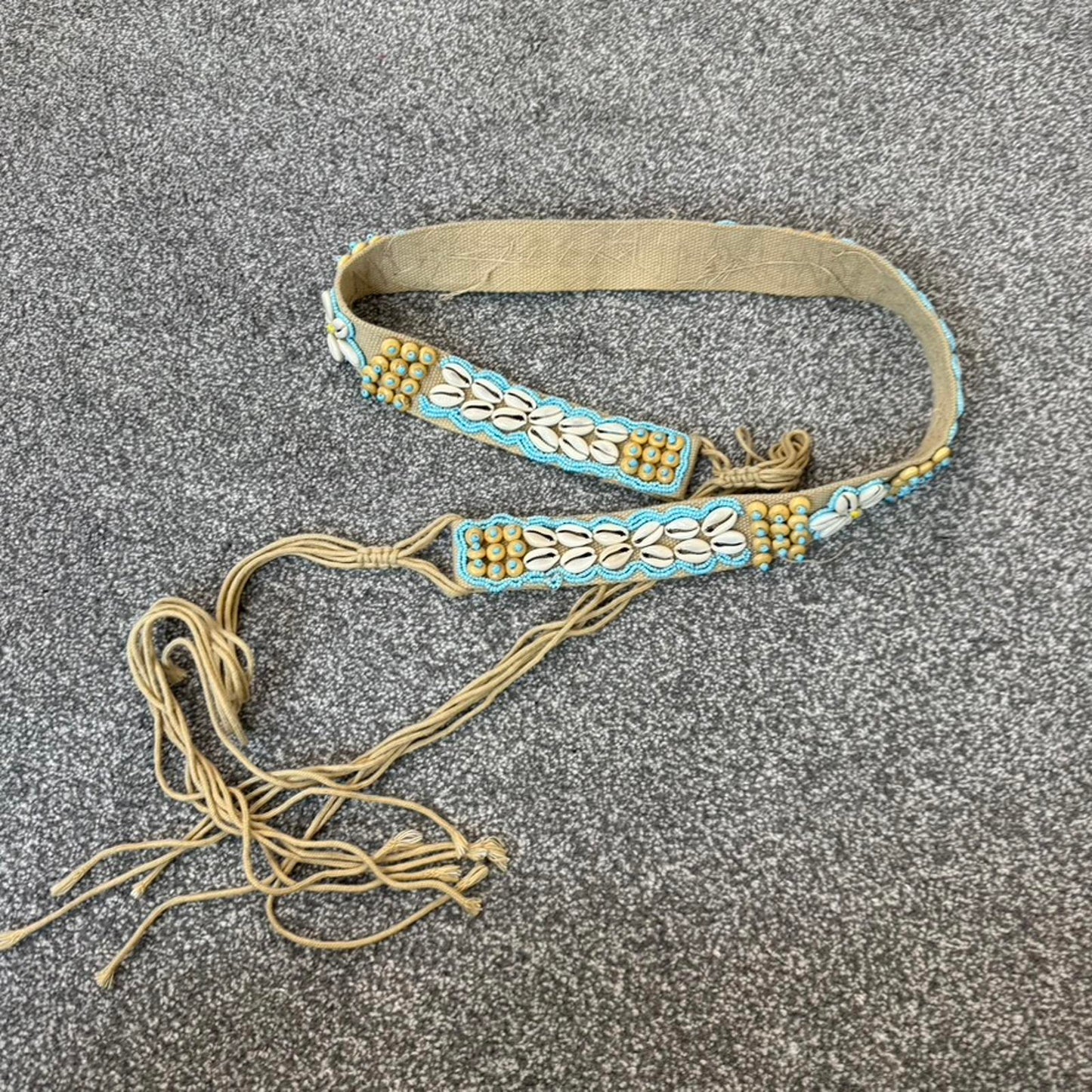 Y2K vintage seashell beaded canvas belt adjustable blue beige bow beach