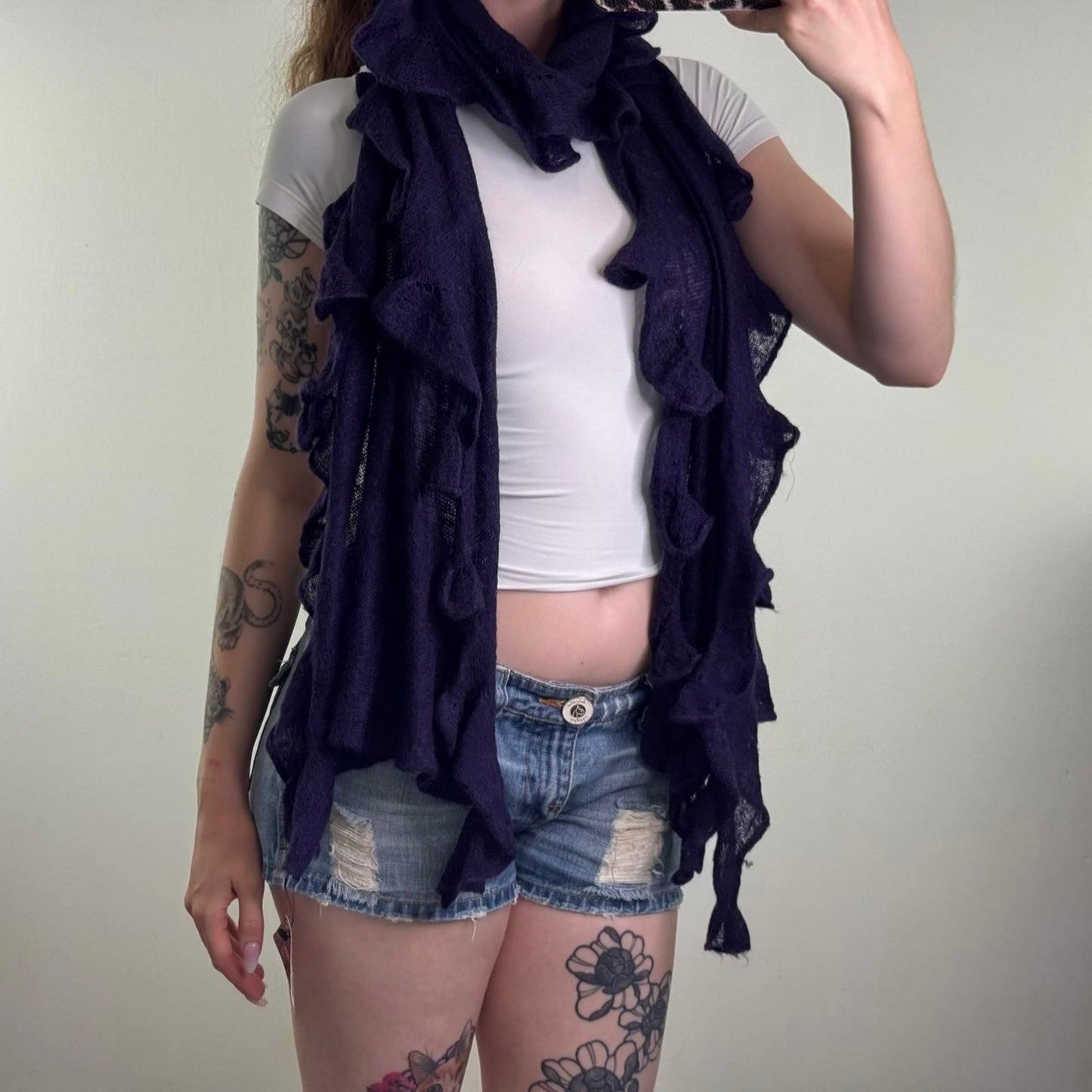 Y2K vintage ruffle long scarf dark purple frill wool blend