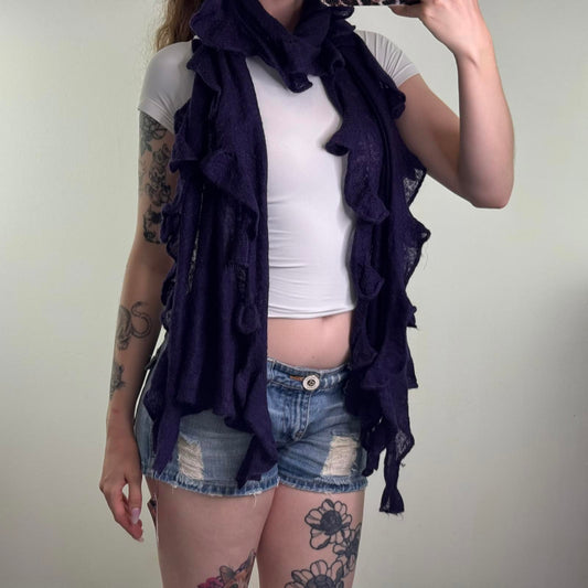 Y2K vintage ruffle long scarf dark purple frill wool blend