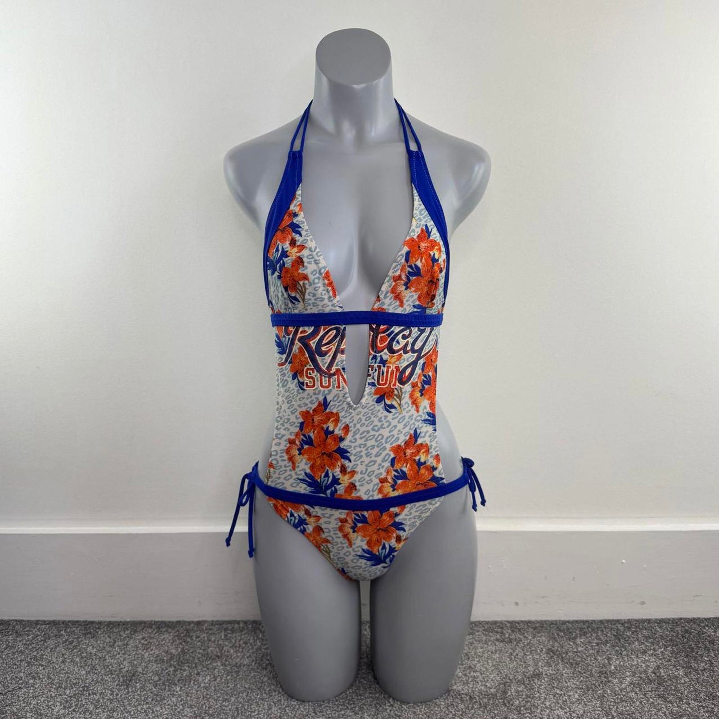 Y2K vintage monokini swimsuit low v neck bust floral leopard print low rise