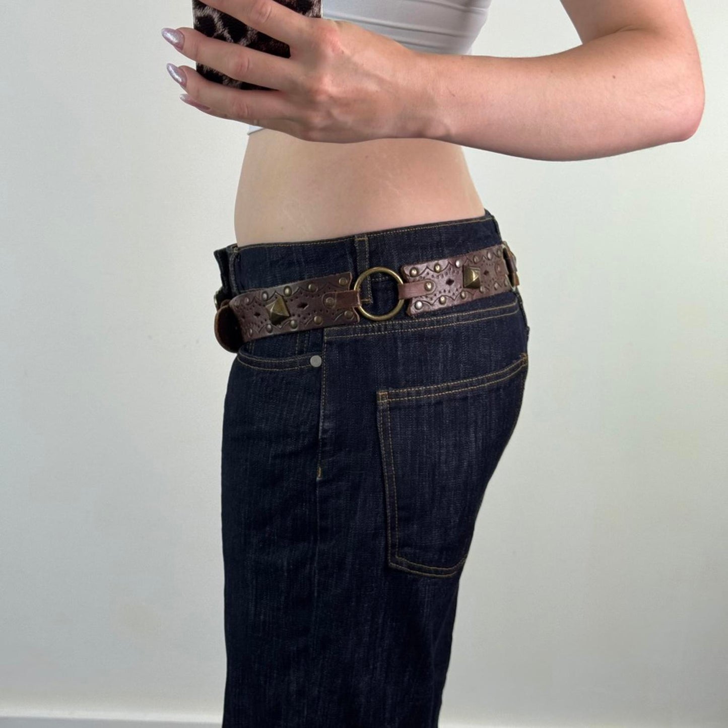 Y2K vintage genuine leather big buckle rhinestone belt brown o ring western