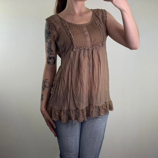 Y2K vintage sleeveless blouse frill trim hem buttons mesh ruffle babydoll