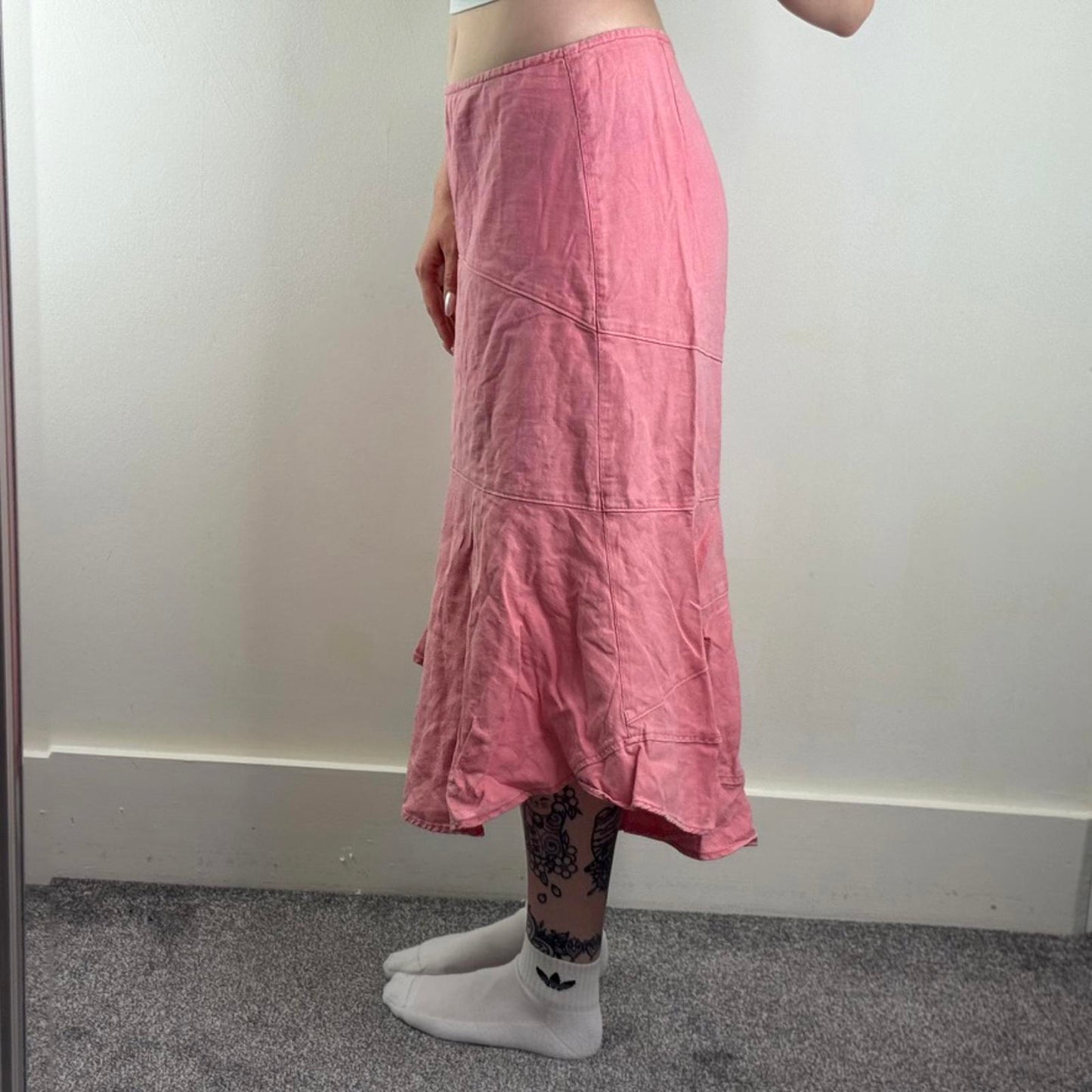 Y2K vintage linen/ cotton salmon pink maxi skirt curved hem