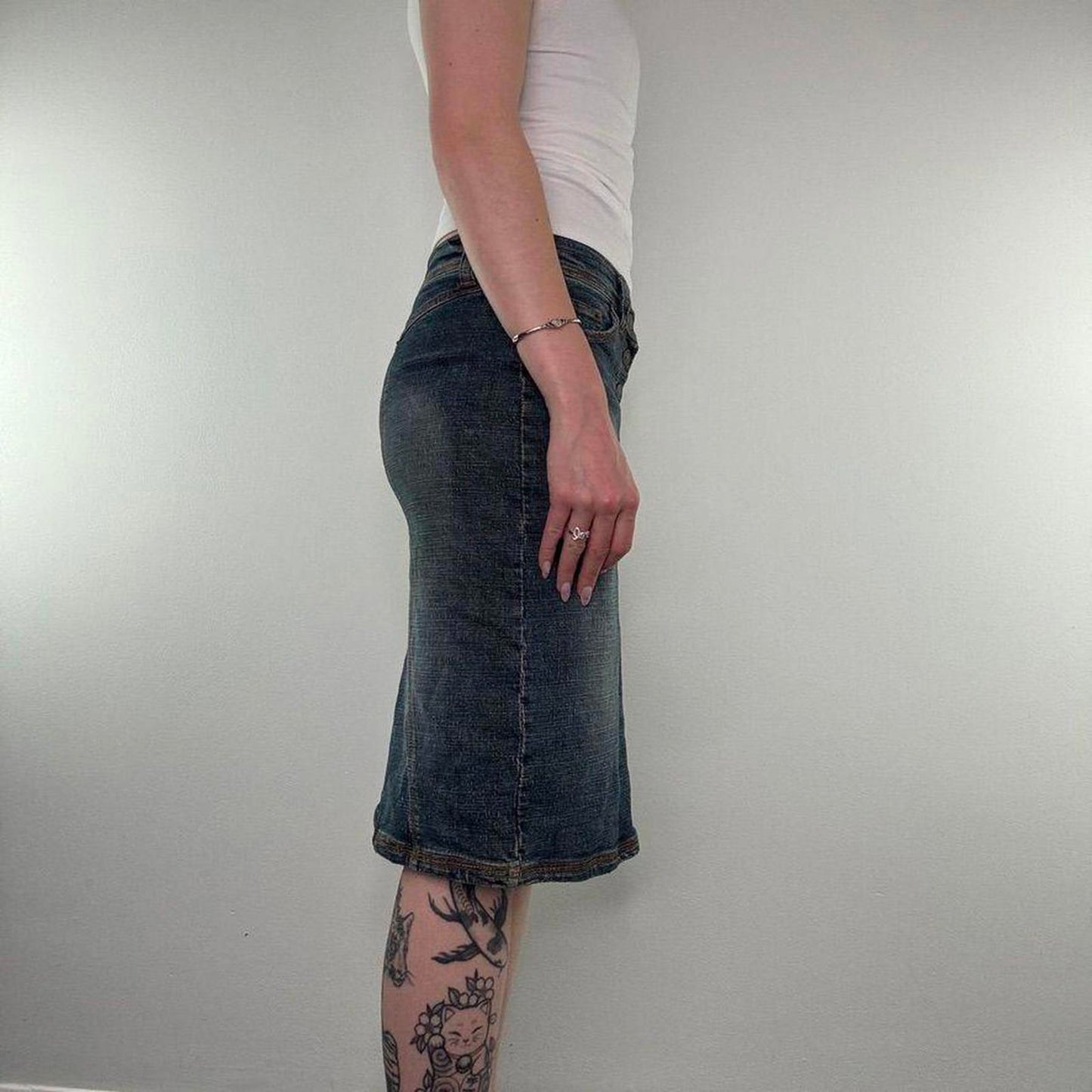 Y2K vintage low rise faded denim midi skirt dark blue button up