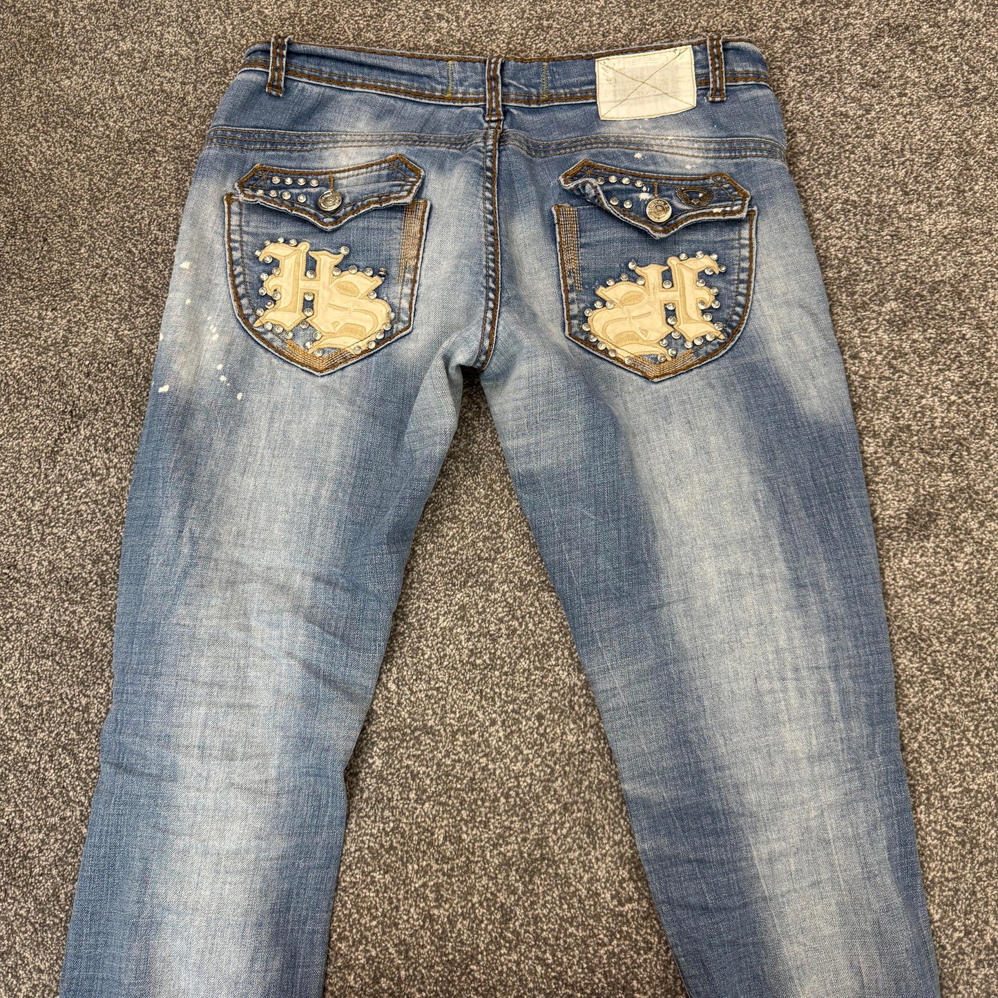 Y2K vintage low rise slim straight leg bootcut jeans faded denim rhinestones