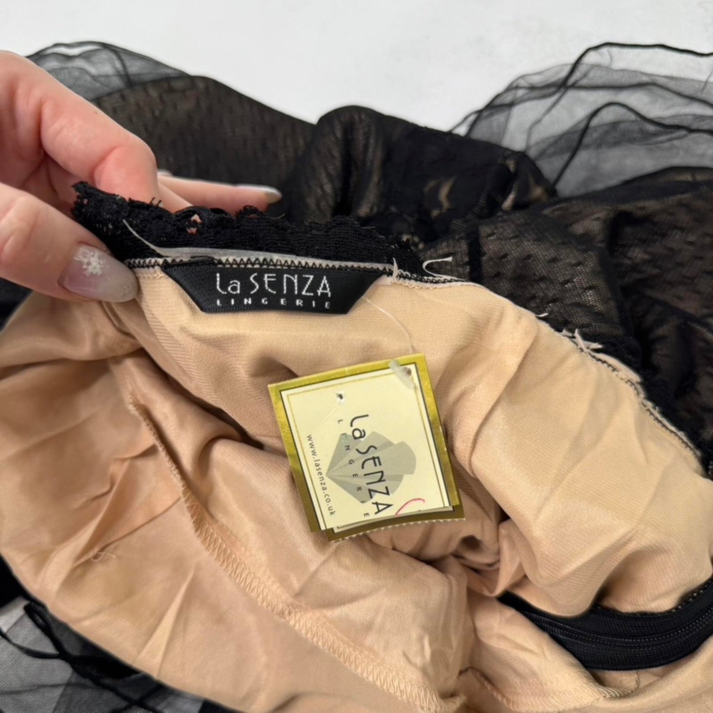 Y2K vintage La Senza babydoll dress top strapless lace trim ruffle lace up mesh