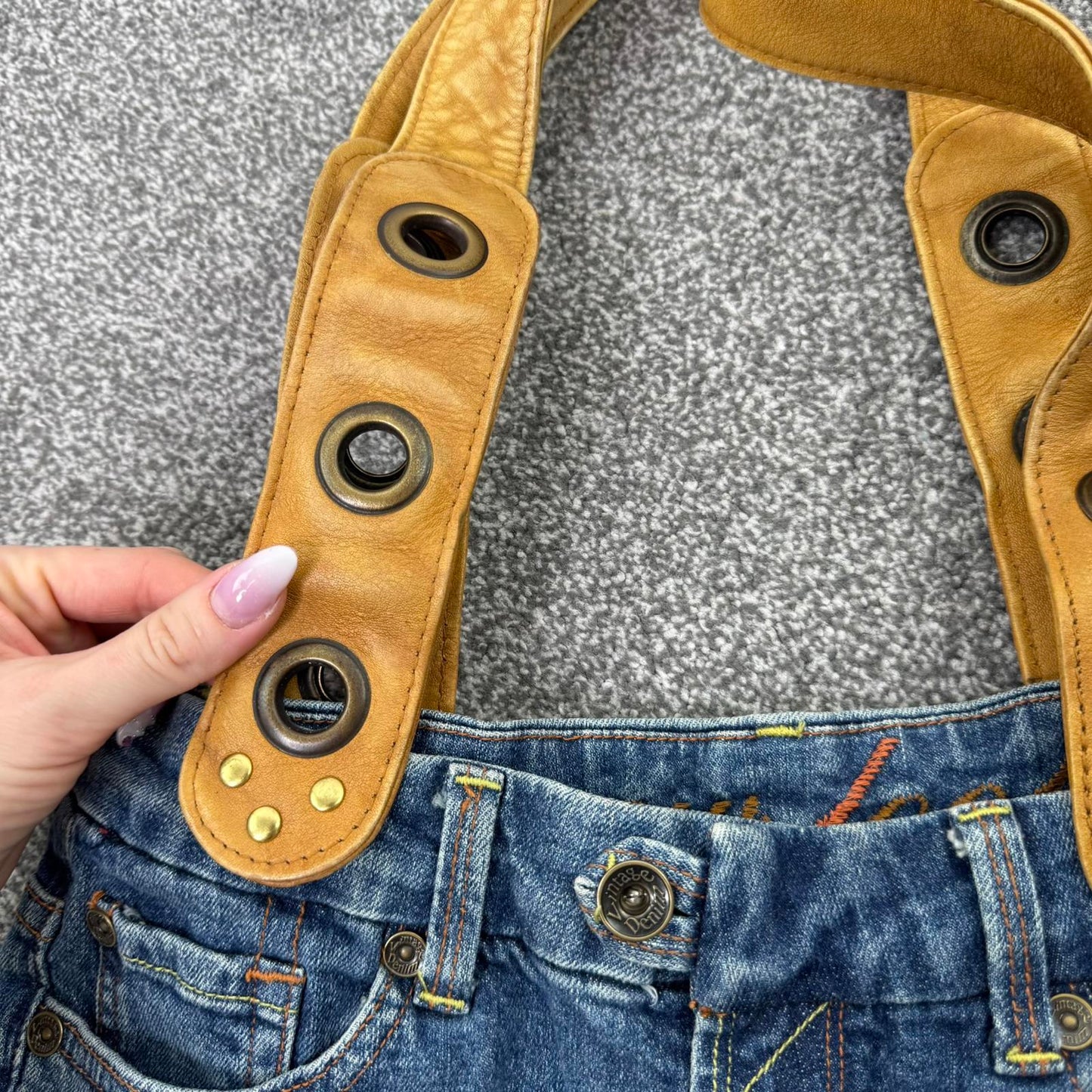 Y2K vintage large reworked denim shoulder bag leather straps grommet blue brown