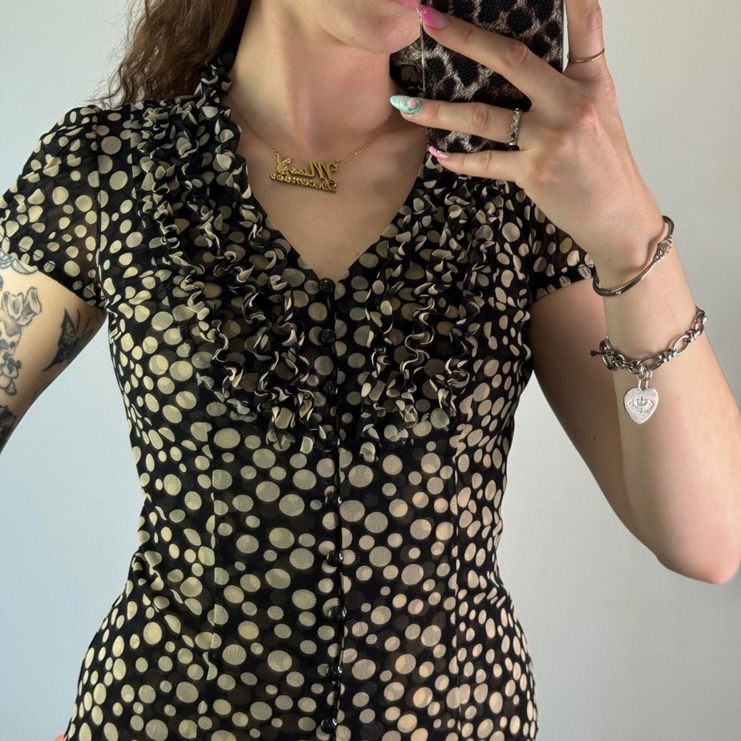 Y2K vintage polka dot spotty double mesh puff short sleeve top v neck frilly