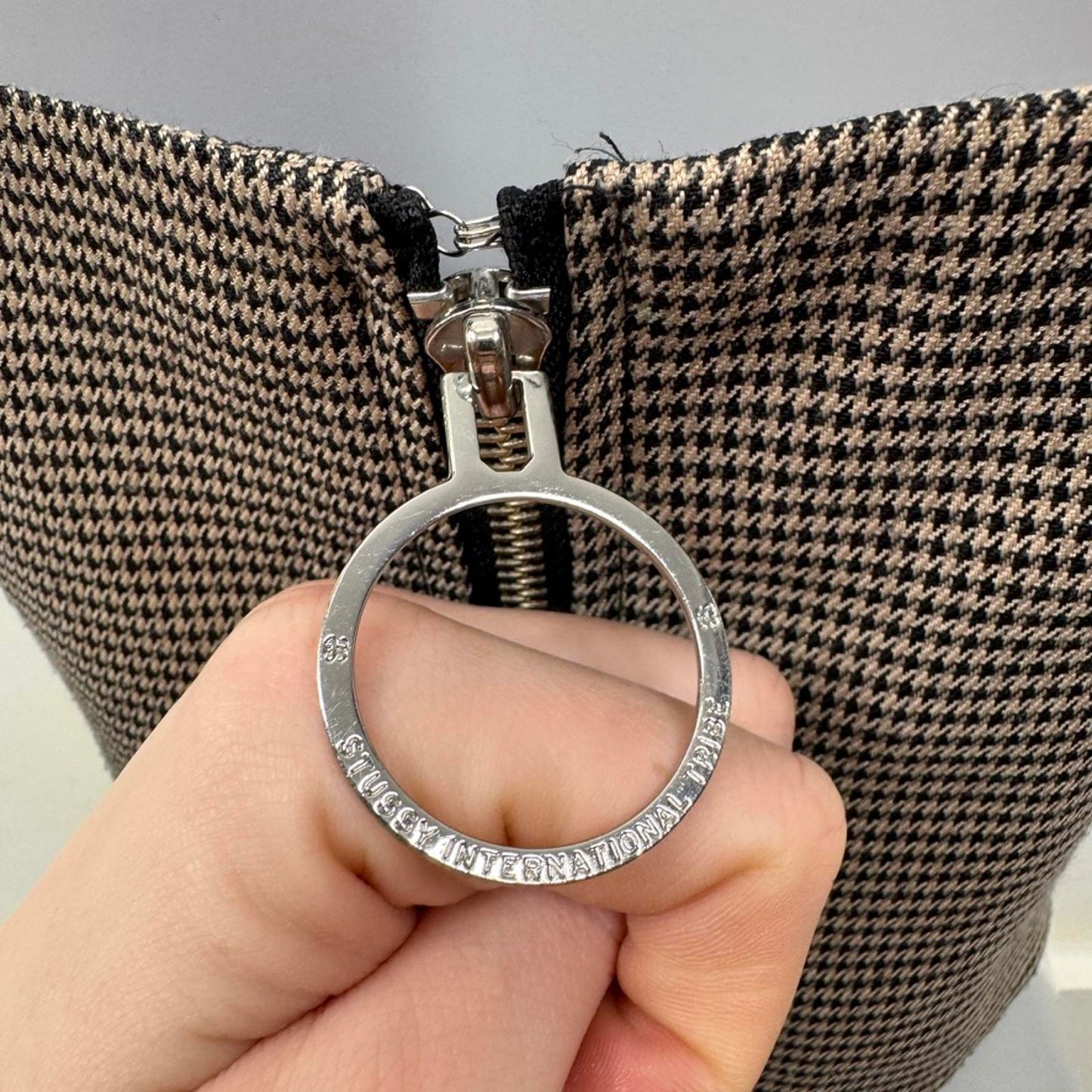 Stussy houndstooth crop top strappy spaghetti straps logo o ring zip up