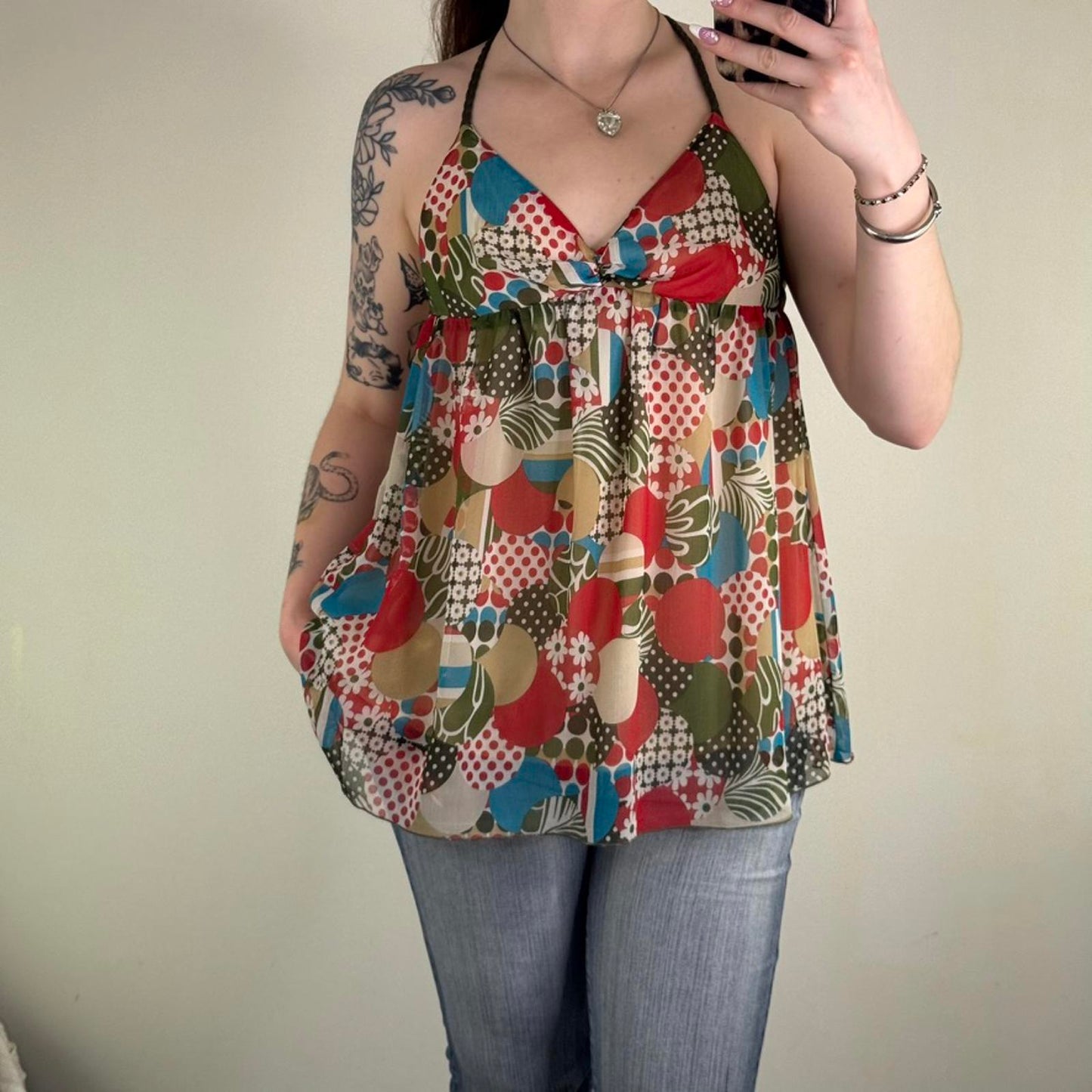 Y2K vintage halter neck top flowy double layer abstract pattern braided v neck