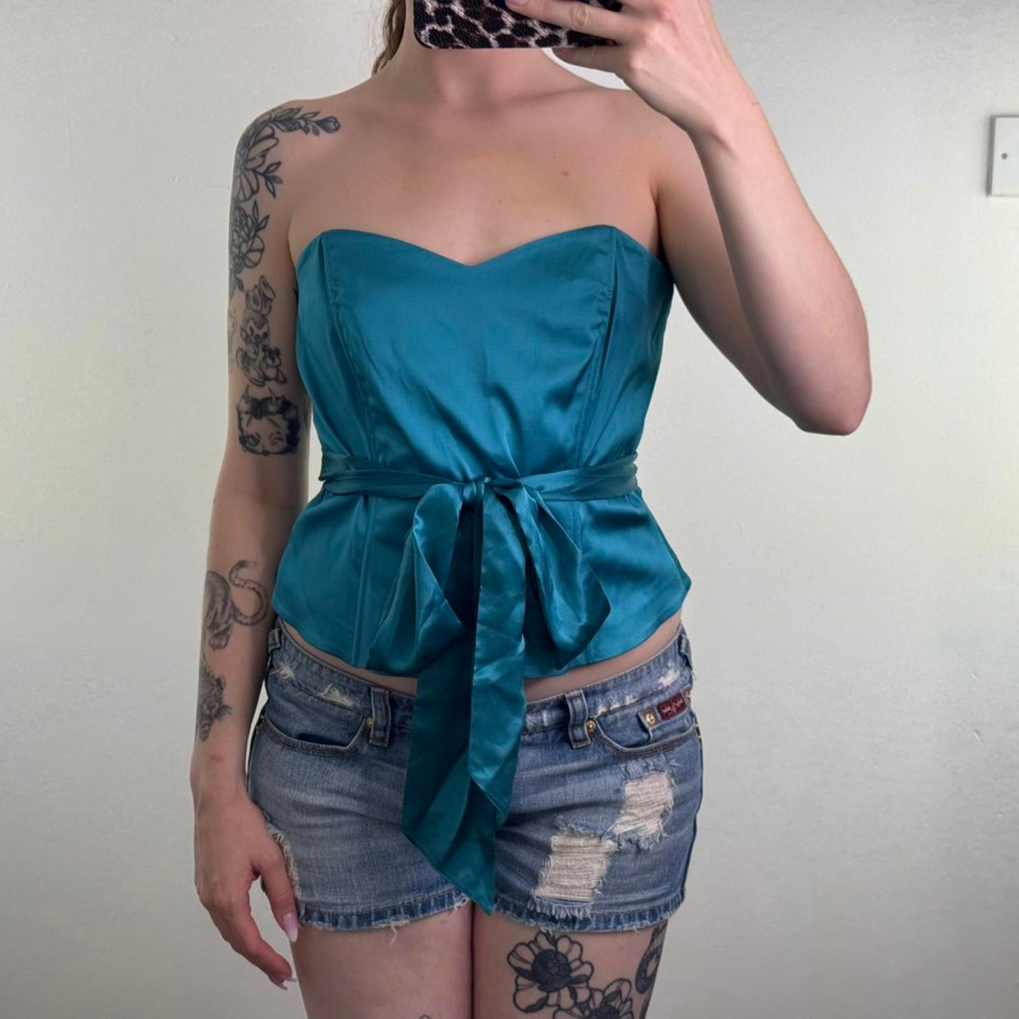 Y2K vintage silk blend strapless structured bustier top turquoise bow