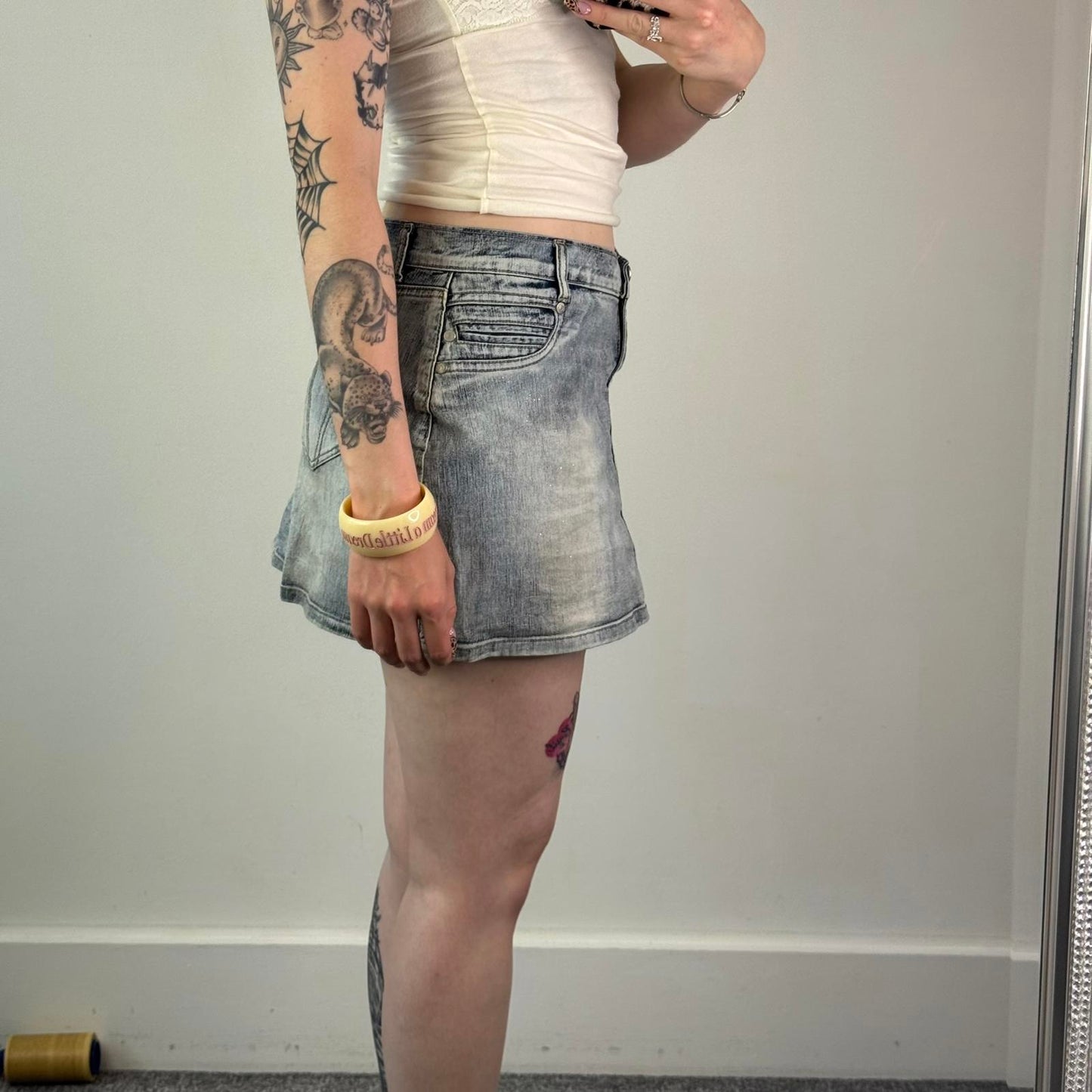 Y2K vintage sparkly glitter denim mini skirt stretchy light blue faded mid rise